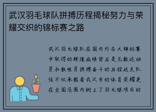 武汉羽毛球队拼搏历程揭秘努力与荣耀交织的锦标赛之路