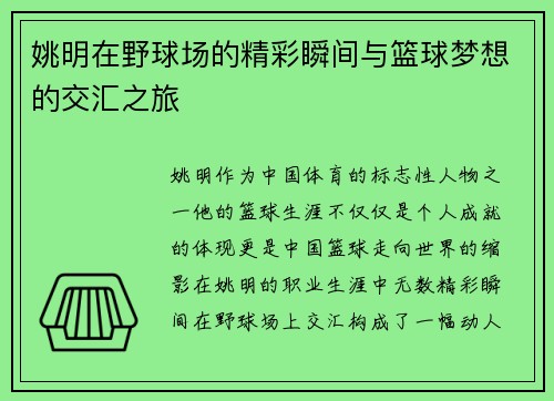 姚明在野球场的精彩瞬间与篮球梦想的交汇之旅