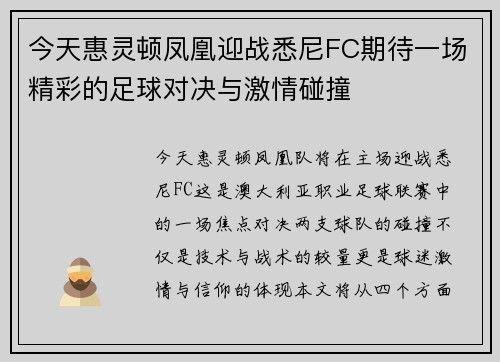 今天惠灵顿凤凰迎战悉尼FC期待一场精彩的足球对决与激情碰撞